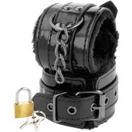 DARKNESS - BLACK ADJUSTABLE LEATHER HANDCUFFS WITH PADLOCK